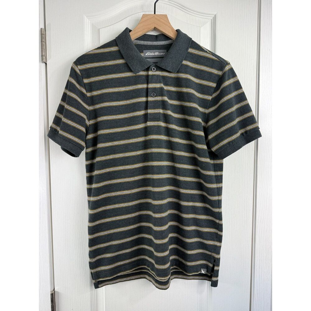 Eddie Bauer Men's Short Sleeve Charcoal Gray Stripe Polo Shirt Size S Small